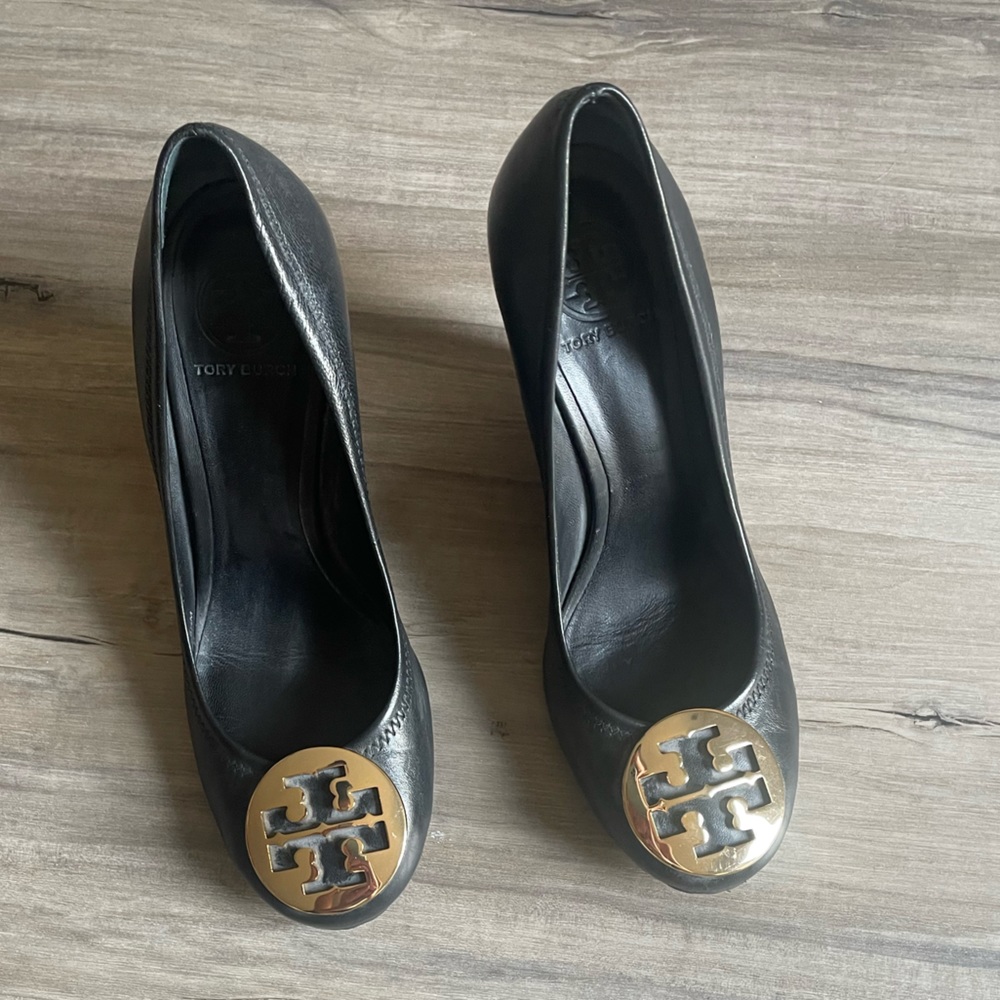 Tory Burch Sophie Black Leather Heel Wedge Size 8.5